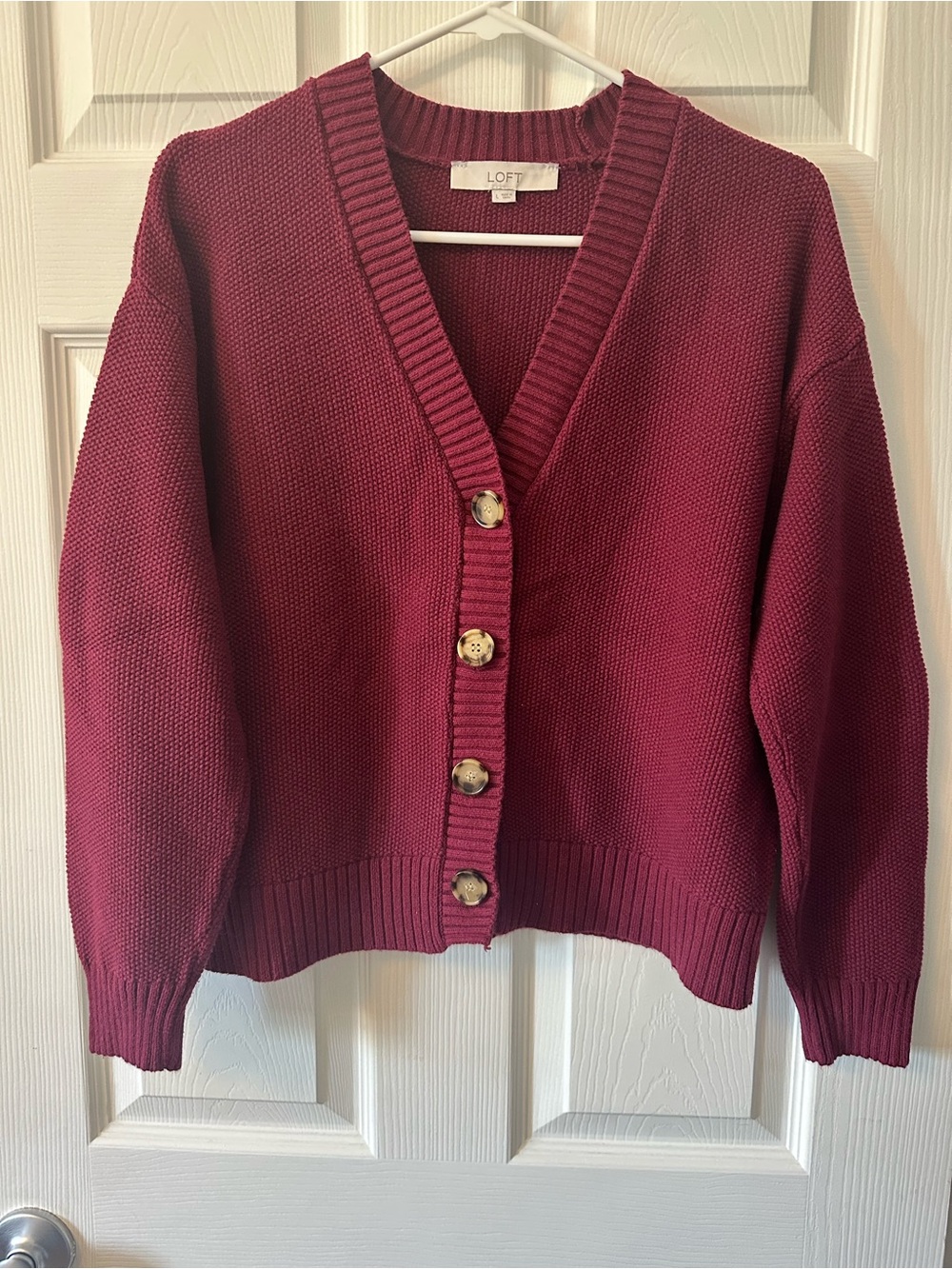 LOFT Burgundy Button-Front V-Neck Knit Cardigan